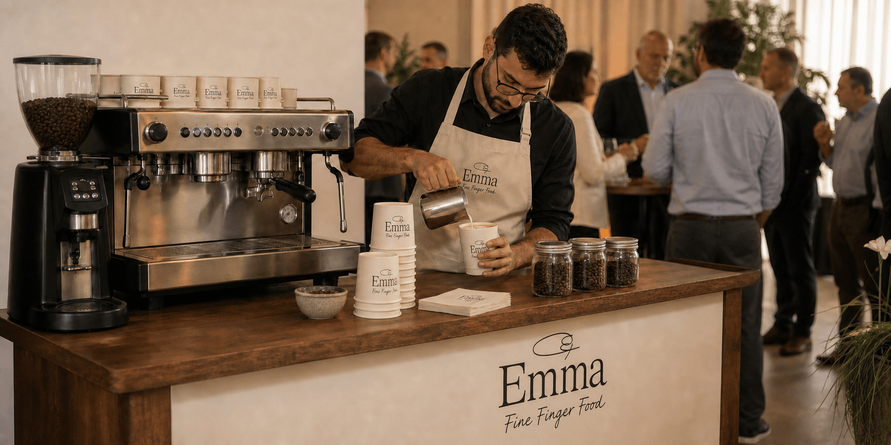 בריסטה מקצועי של Emma מכין קפה באירוע חברה
